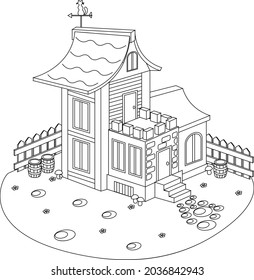 Coloring book wooden village house. Vector illustration on the theme of architecture.