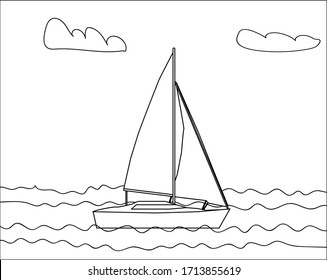 coloring book yacht with two sails floating on the water on a white background with white clouds