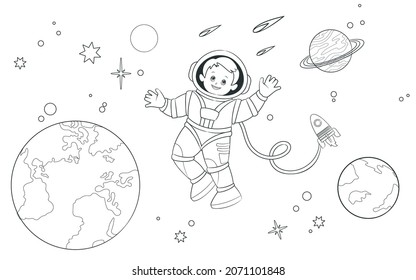 Coloring book a young astronaut soars in open space against the background of the Earth, planets and stars. Vector illustration , cartoon style