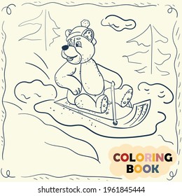 Coloring Book for Young Children contour illustration in doodle style, Teddy bear toy gentleman with celindre hat and cane