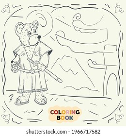 Coloring Book for Young Children contour illustration in doodle style, Teddy Bear in Japanese national Samurai costume