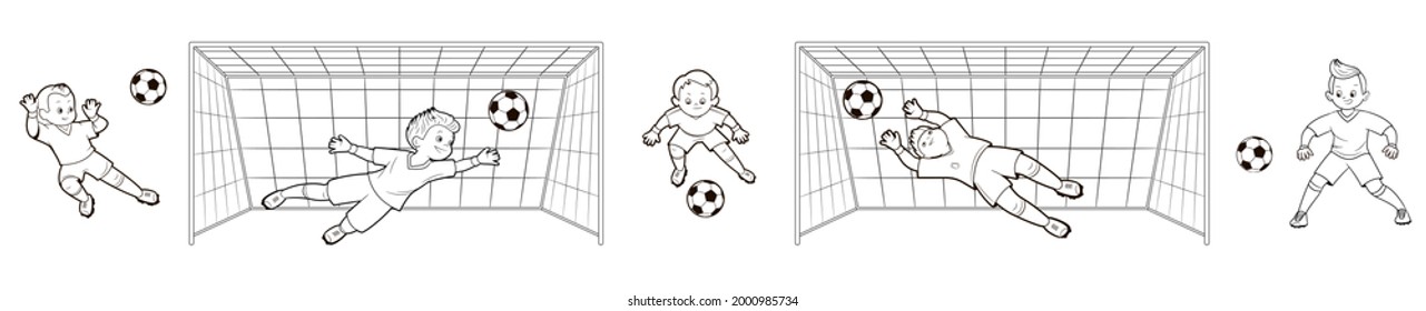Coloring book young soccer player goalkeeper catches a soccer ball in flight against the background of a soccer goal.Vector,in cartoon style, black and white line art, outline,set of isolated shapes