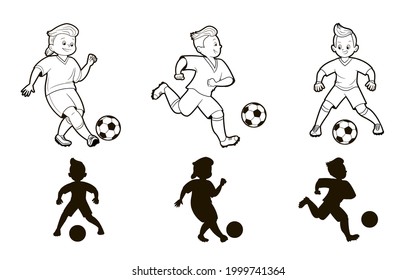 Coloring book: young soccer players playing with a ball. A set of three shapes. Game - find the right shadow for the kids. Vector illustration, cartoon, black and white lines.
