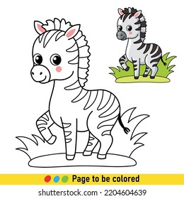 Libro de colores con cebra al estilo de las caricaturas. Ilustración en blanco y negro con animal para el desarrollo de niños.
