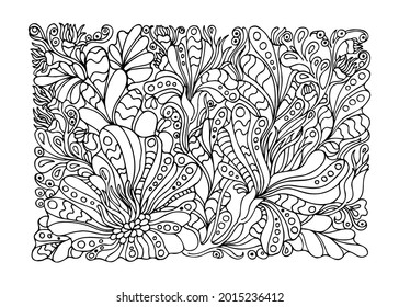 Coloring book, zen tangle style, for adults, patterns of stylized flowers and leaves.Vector illustration, black and white line art, anti stress, doodle