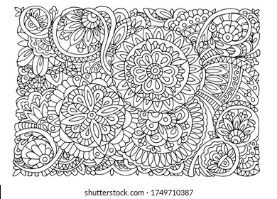 coloring book, zentangle style, for adults, patterns of stylized flowers and leaves, black and white doodle, hand-drawn, vector illustration