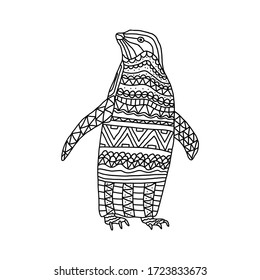 Coloring book zentangle stylized cute penguin bird on an isolated white background. Anitstress and development for children and adults. Print on fabric, clothes, tattoo. Vector stock illustration.