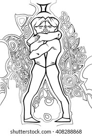 Coloring book zodiac sign gemini illustration of two young muscular men hugging each other