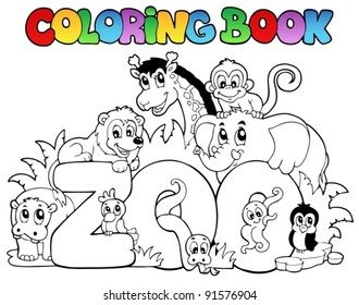 Coloring Book Zoo Sign With Animals - Vector Illustration.