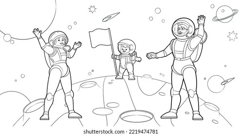 Coloring Book.A Happy Family Of Astronauts, Mom, Dad, Son Set A Flag On The Planet In Space And Waving Their Hands In Greeting.Vector Black And White Illustration,autline,cartoon On A White Background