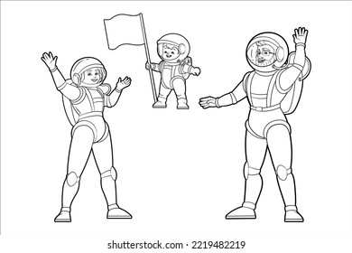 Coloring Book.A Happy Family Of Astronauts, Mom, Dad, Son Set A Flag On The Planet In Space And Waving Their Hands In Greeting.Vector Black And White Illustration Outline Cartoon On A White Background