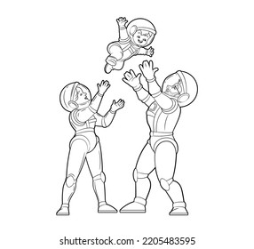 Coloring Book.Astronaut Dad Throws His Son Up.Happy Family Of Astronauts, Mom, Dad, Son.Vector Black And White Illustration, Outline, Cartoon On White Background