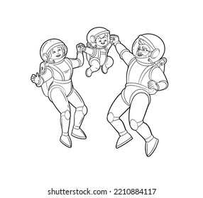 Coloring Book.Astronaut Dad Throws His Son Up.Happy Family Of Astronauts, Mom, Dad, Son.Vector Black And White Illustration, Outline, Cartoon On White Background