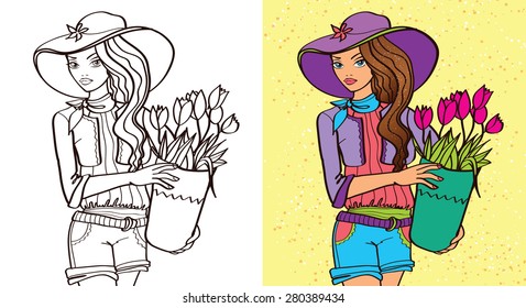 Coloring book.Beautiful fashion girl with a basket of flowers