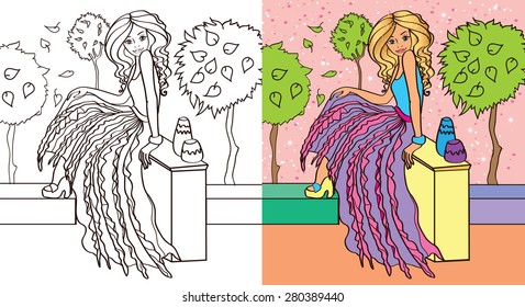 Coloring book.Beautiful fashion girl in a glamorous skirt