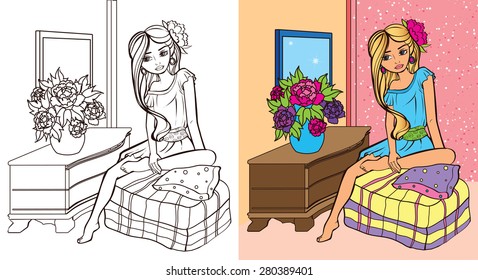 Coloring book.Beautiful fashion girl has a rest in the room with flowers