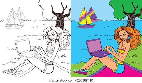 Coloring book.Beautiful fashion girl with notebook on the river bank