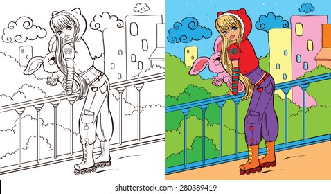 Coloring book.Beautiful fashion girl with plush toy is standing on roller skates