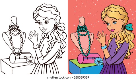 Coloring book.Beautiful fashion girl is standing at the window of the shop