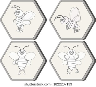 Coloring book.Black and white vector illustration of honey bee and honeycomb.