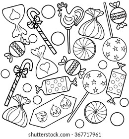  Coloring  book.Candy.  Hand drawn. Adults, children. Black and white. 
