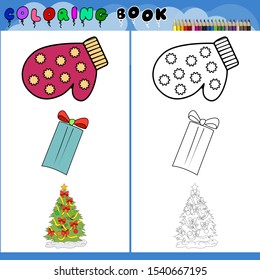 coloring book.christmas theme. mitten, gift, New Year tree .Vector illustration