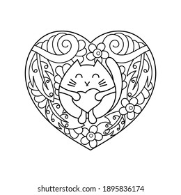 Coloring book.Cute Cat and Heart. Coloring page for adults and older children. Hand-drawn design for Greeting card