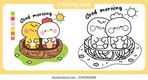 Coloring book.Cute chicken and hen stay in bird nest on flower garden.Good morning text.Color tab.Sun.Farm bird animal character cartoon design.Painting book.Kawaii.Vector.Illustration.