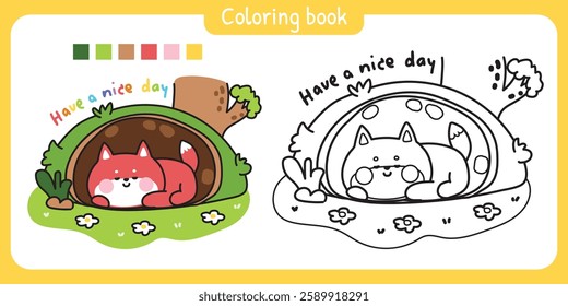 Coloring book.Cute fox sleep in cave on flower garden.Have a nice day text.Tree.Jungle.Wild animal character cartoon design.Painting book.Kawaii.Vector.Illustration.