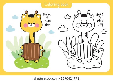 Coloring book.Cute giraffe stay in log wood stand on garden background.Have a nice day.Cloud sky.Wild animal character cartoon.Painting book.Kawaii.Vector.Illustration.