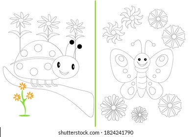 Coloring book.Cute little animals.Sketch.Page spread of the book on one sheet two pages.vector illustration.