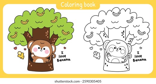Coloring book.Cute monkey greeting and stay on tree.I love banana text.Banana fruit.Wild animal character cartoon design.Painting book.Kawaii.Vector.Illustration.