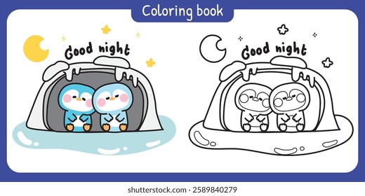 Coloring book.Cute penguins sleeping and stay in ice cave.Moon and star.Night.Polar animal bird character cartoon design.Painting book.Kawaii.Vector.Illustration.