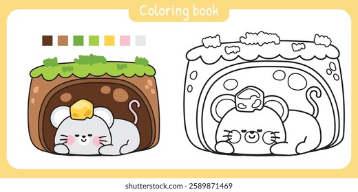 Coloring book.Cute rat have cheese on head sleep underground burrow.Mouse.Jungle.Wild.Rodent animal character cartoon design.Painting book.Kawaii.Vector.Illustration.