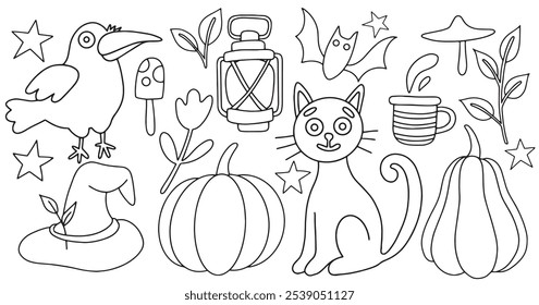 coloring book.cute vector set for halloween. funny characters for kids. doodle