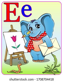 Coloring book.Elephant artist near an easel. For kids.Letter of the.English alphabet E.Vector illustration