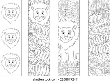 Coloring bookmarks for kids with the lion. Cute animal and jungle. Vector illustration. 
