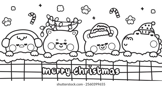 Coloring book.Merry christmas.Set of cute animals sleeping with blanket.Chicken,deer,teddy bear,crocodile.Happy new year festival.Winter.Star.Candy.Snow.Kawaii.Vector.Illustration.