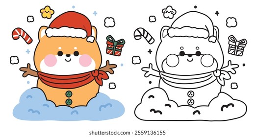 Coloring book.Merry christmas.Happy new year festival.Winter.Cute shiba inu dog wear santa hat and scarf in snowman.Candy,gift box,star.Japanese pet animal character cartoon.Kawaii.Vector.
