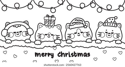 Coloring book.Merry christmas.Happy new year festival.Winter.Set of cute cats sleeping with blanket.Pet animal character cartoon.Christmas light.Kawaii.Vector.Illustration.