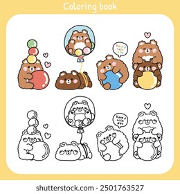 Coloring book.Painting book for kid.Cute bear with ball in various poses.Teddy in balloon.Have a nice day text.Toy.Fun.Play.Wild animal cartoon character.Kawaii.Vector.Illustration.