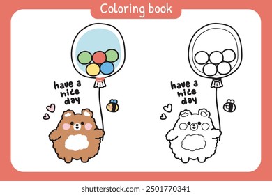 Coloring book.Painting book for kid.Cute bear hold balloon have ball inside.Bee.Have a nice day text.Wild animal cartoon character.Kawaii.Vector.Illustration.