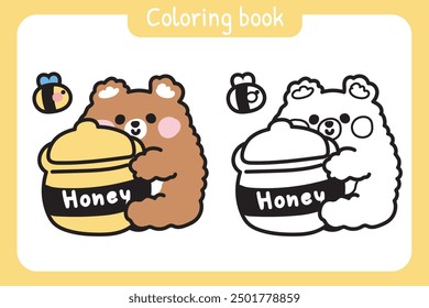 Coloring book.Painting book for kid.Cute bear hold honey jar with bee.Wild animal cartoon character design.Kawaii.Vector.Illustration.