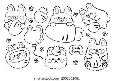 Coloring book.Painting book for kid.Cute bunny rabbit in various poses.Face and head.Easter.Spring.Vegetables.Rodent animal character cartoon design.Kawaii.Vector.Illustration.