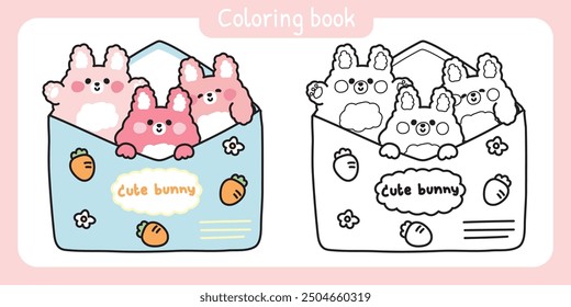 Coloring book.Painting book for kid.Cute bunny rabbit in paper mail have carrot and flower cartoon design.Message.Card.Rodent animal character.Kawaii.Vector.Illustration.