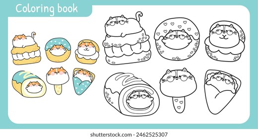 Coloring book.Painting book for kid.Cute cat with dessert and sweet bakery.Cartoon animal pet hand drawn design.School student.Art.Ice cream,crepe,chucream,donut.Kawaii.Vector.Illustration.