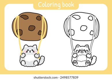 Coloring book.Painting book for kid.Cute cat parachute chocolate cookies shape cartoon hand drawn.Meow lover.Bakery,sweet,dessert.Pet animal character.Kawaii.Vector.Illustration.