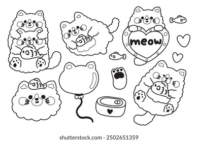 Libro para colorear.Libro de pintura para kid.Cute cat en varias poses.Meow amante.Cara y cabeza.Globo, pata, corazón, pescado, comida puede dibujado a mano.Pet animal carácter diseño de dibujos animados.Kawaii.Vector.Ilustración.