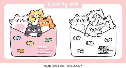 Libro para colorear. Libro de pintura para niños. Gato lindo en el correo de papel tiene diseño de dibujos animados de peces. Mensaje. Tarjeta. Texto maullido. Carácter animal doméstico. Kawaii. Vector. Ilustración.