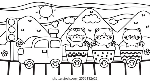 Coloring book.Painting book for kid.Cute cats stay on train.Vehicle.Meow.Pet animal character cartoon design.Railway tracks,traffic light,mountain,cloud,sun,flower.Kawaii.Vector.Illustration.